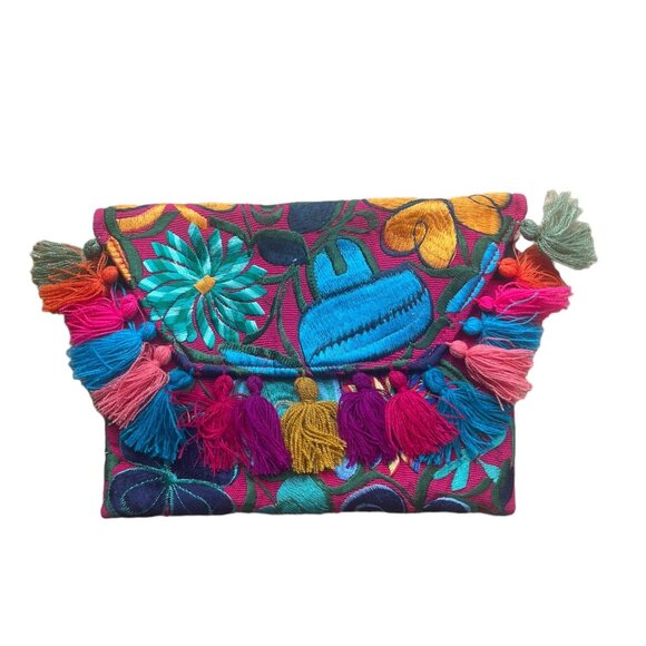 Mexican Embroidered Clutch Bag with Tassles - Picture 3 of 7